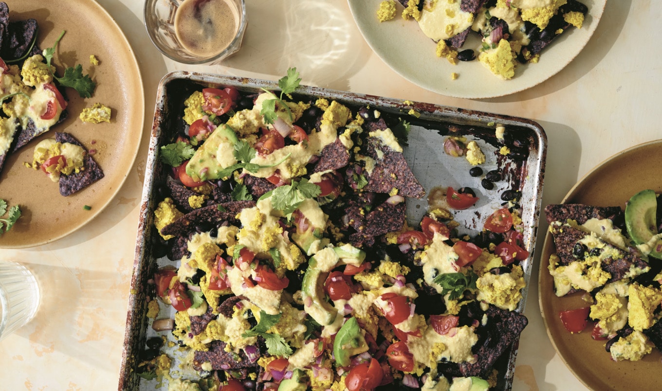 Loaded Breakfast Nachos With Cashew Cheese Sauce and Tofu Scramble